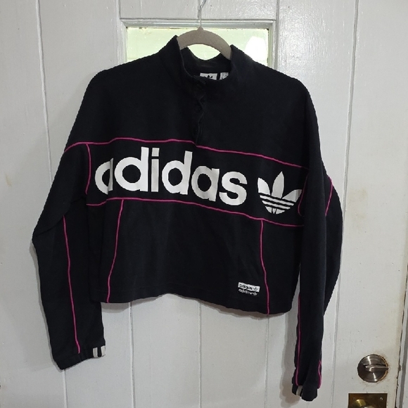 Adidas Women's Cropped Sweatshirt Black/Pink Piping Snaps Mock Neck Sz L EUC - Picture 1 of 9